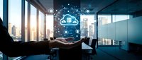 Businessman presenting cloud computing technology with digital icons in modern office conference room with city skyline view through windows.