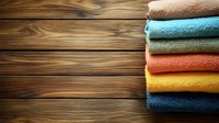 Stack of colorful folded bath towels on rustic wooden background with copy space. Clean soft cotton terry cloth towels in rainbow colors.