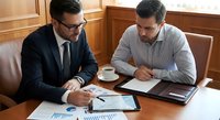 Two professional businessmen reviewing financial documents and charts during corporate meeting in modern office conference room with coffee cups on wooden table.