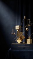 Artistic composition featuring stacked golden cubes and brass scales of justice against dark background, symbolizing law, arbitration, and mediation concepts for legal services and business solutions.