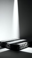 Black marble stone podium with dramatic lighting and shadows for luxury product display and minimalist design presentations.