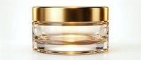 Luxury glass cosmetic jar with gold lid isolated on white background, perfect for skincare cream, moisturizer, or beauty product packaging design.