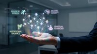 Businessman hand presenting holographic wellness network with physical fitness, mental clarity, nutritional balance and spiritual harmony icons connected by glowing lines.