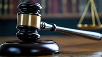 Wooden judge gavel and sound block on courtroom desk with scales of justice and law library in soft focus background, representing legal system.