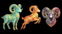 Ornate Aries ram set with decorative swirls, isolated on transparent background. Great for zodiac clipart, astrology stickers, t-shirt design, and print on demand projects.