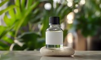 Clear glass bottle with blank white label on zen stone against blurred green plant background, natural wellness and aromatherapy concept for spa and beauty products.