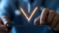 Glowing arrow pointing downward to smartphone screen held in hands against dark background, symbolizing mobile download or app installation concept.