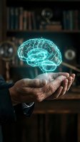 Elderly hands holding glowing cyan brain hologram in dark library setting representing knowledge, wisdom, artificial intelligence and mental health concepts.