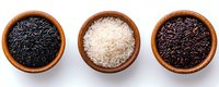 Three wooden bowls containing different varieties of rice grains - black, white and red - arranged in row on white background showing culinary diversity and healthy food options.