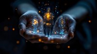 Hands holding glowing digital human figures with energy networks, representing AI technology, innovation, and futuristic business concepts in dark space.