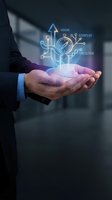 Businessman holding glowing holographic business strategy diagram with vision, strategy and execution elements floating above open palm in corporate setting.