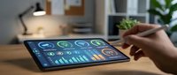 Business analytics dashboard on tablet with financial charts and KPIs. Professional workspace with modern technology for data visualization and reporting.