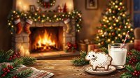 Cozy holiday scene with decorated fireplace, glowing Christmas tree, festive gingerbread cookie, and glass of milk on wooden table for seasonal celebrations and winter gatherings.
