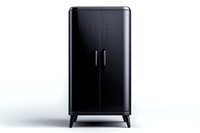 Sleek black retro refrigerator with double doors on white background, minimalist modern kitchen appliance design isolated for commercial and interior visualization.