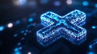 Glowing blue cross shape with sparkle effect and bokeh lights on dark background, digital art concept for faith, technology and spirituality.