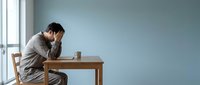 Young Asian man in casual beige clothing sitting at wooden table looking stressed and contemplative, holding head in hand with coffee cup nearby in minimalist room.