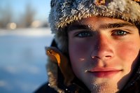 Close up portrait of young Caucasian person wearing winter fur hat in snowy weather, with natural sunlight creating warm glow on rosy cheeks and frost visible.