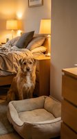 Adorable fluffy dog sitting beside cozy bedroom with warm lighting and comfortable bed. Pet-friendly home interior design for relaxation and comfort.