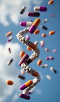 Colorful pharmaceutical capsules arranged in DNA helix shape against blue sky with floating pills, representing medical science and genetic medicine advancement.