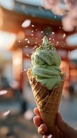 Green matcha ice cream in waffle cone with sprinkles against blurred Asian temple background, creating sweet moment during travel experience.
