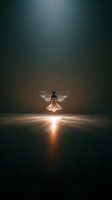 Luminous angel figure with spread wings floating above bright light beam creating dramatic spiritual atmosphere with dark teal background for religious concepts.
