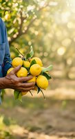Farmer holding freshly harvested lemons with green leaves in orchard during sunny day. Suitable for agriculture, farming, harvest, and organic produce marketing.