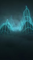 Futuristic neon wireframe cityscape with glowing cyan skyscrapers against dark stormy sky. Modern digital architecture concept for tech, innovation, and future design projects.
