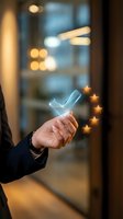 Hand holding glowing checkmark with five golden stars rating system in modern office environment for quality assurance and customer satisfaction concepts.