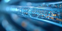 Glowing fiber optic cables transmit data through glass strands with blue light effects and bokeh, showing modern network technology and digital communication.