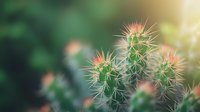 Young green cactus with sharp spines in natural sunlight. Desert plant succulent for gardening, botanical study, and nature photography projects.