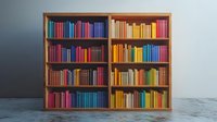 Colorful books arranged by rainbow spectrum colors on wooden bookshelf against gray wall, creating vibrant gradient display on concrete floor. Modern library interior.
