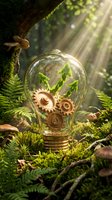 Steampunk light bulb with green plants and gears inside, surrounded by moss and ferns in forest setting with sunlight rays for eco-technology concepts.