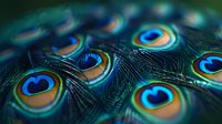 Vibrant peacock feathers in macro view showing iridescent blue and golden eye spots against dark background, creating mesmerizing natural pattern.