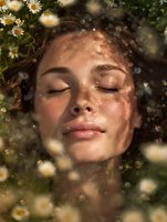 Young woman with closed eyes surrounded by delicate daisies and sunlit bokeh effects, expressing serenity and natural beauty in warm summer light.