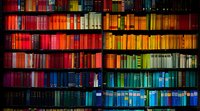 Colorful rainbow arrangement of books on wooden library shelves creates vibrant spectrum display perfect for education, knowledge and learning concepts in modern interior design.