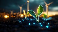 Young green plant sprout glowing in dark soil with wind turbines and bokeh lights in background, representing sustainable energy and environmental growth concept.