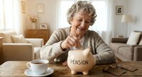 Senior woman putting coin into pension piggy bank at home, planning retirement savings and financial security for elderly lifestyle.