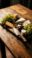 Artisanal cheese and fruit board arranged on rustic wooden table with aged cheddar, brie, blue cheese, fresh green grapes, and dried figs for entertaining and food styling.