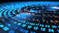 Digital numbers and data visualization in blue neon light with depth of field effect, showing financial market statistics and analytics on curved display surface.