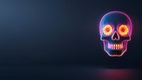 Glowing neon skull with bright orange eyes and pink-blue gradient outline against dark background, creating mysterious and futuristic atmosphere.