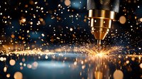 Laser cutting metal with bright sparks and bokeh light effects against dark background, industrial manufacturing process creates dramatic illumination.