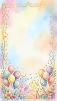 Watercolor birthday party frame with balloons, confetti, gifts and gold ornamental border on pastel background with copy space.