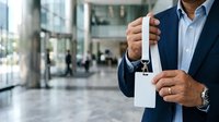 Businessman in formal suit holding blank key tag and house key in modern office lobby with blurred background, real estate and property management concept.