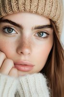Close up portrait of young woman with freckles, green eyes and natural makeup wearing beige knit hat and white sweater in winter season.