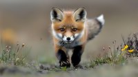 Young red fox cub walking through spring meadow with yellow wildflowers, front view close-up of curious vulpes vulpes with alert expression and fluffy tail.