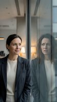 Professional businesswoman in suit standing by glass window with reflection showing confident corporate executive in modern office environment.