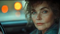 Middle-aged Caucasian woman with curly hair sitting in car interior during evening with warm bokeh lights creating atmospheric mood for lifestyle content.