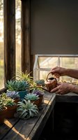 Senior hands watering succulent plants on wooden windowsill with copper watering can in warm sunlight for indoor gardening and plant care.