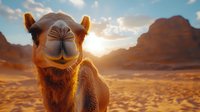 Close up portrait of dromedary camel nose and face in desert at sunset with golden light illuminating fur against dramatic sky and sand dunes background.