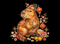 Cute capybara wearing traditional red collar surrounded by festive lanterns, flowers, coins, and seasonal decorations on transparent background. Ready for t-shirt designs, stickers, clipart, sublimation, and print-on-demand products.